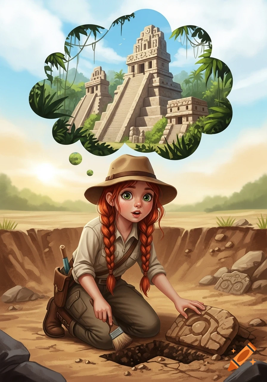 A cartoon girl with red braids and a fedora, kneeling in a trench, brushing dirt off a carved stone slab, dreaming of Mayan ruins.