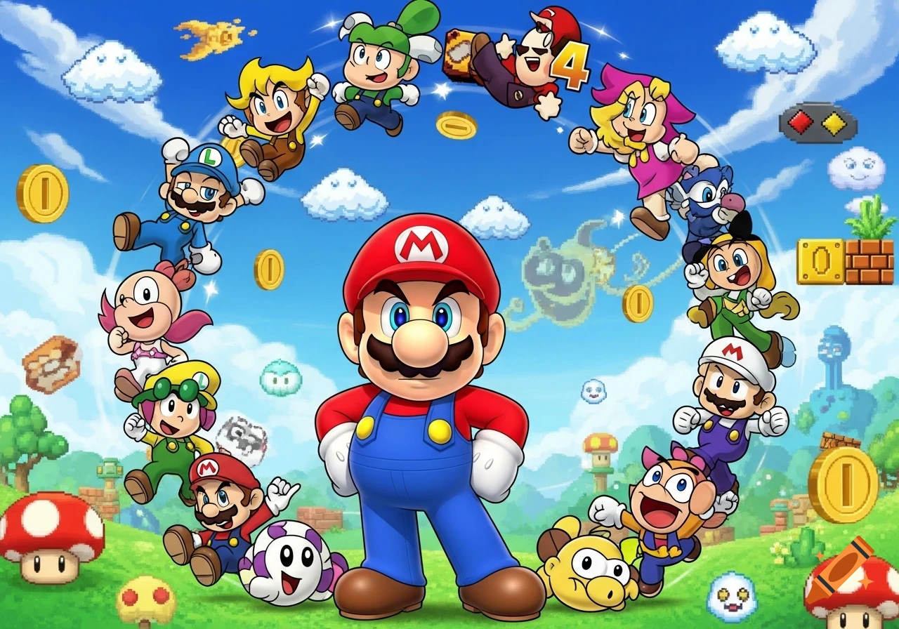 A vibrant cartoon illustration featuring Mario surrounded by numerous stylized Mario-like characters in a green landscape with pixelated elements.