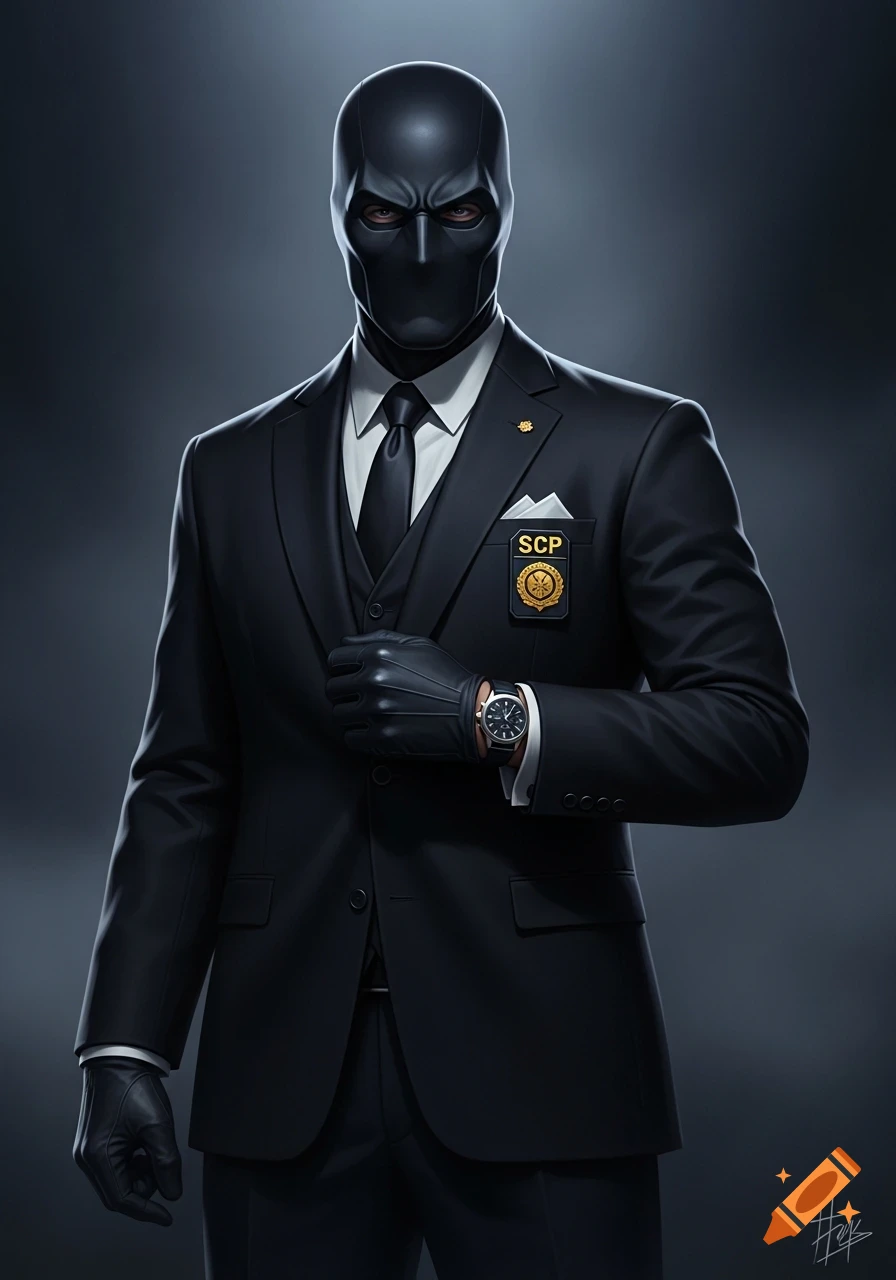 A hyper-realistic portrait of a man in a black mask, suit, and gloves, wearing an SCP badge on his chest.