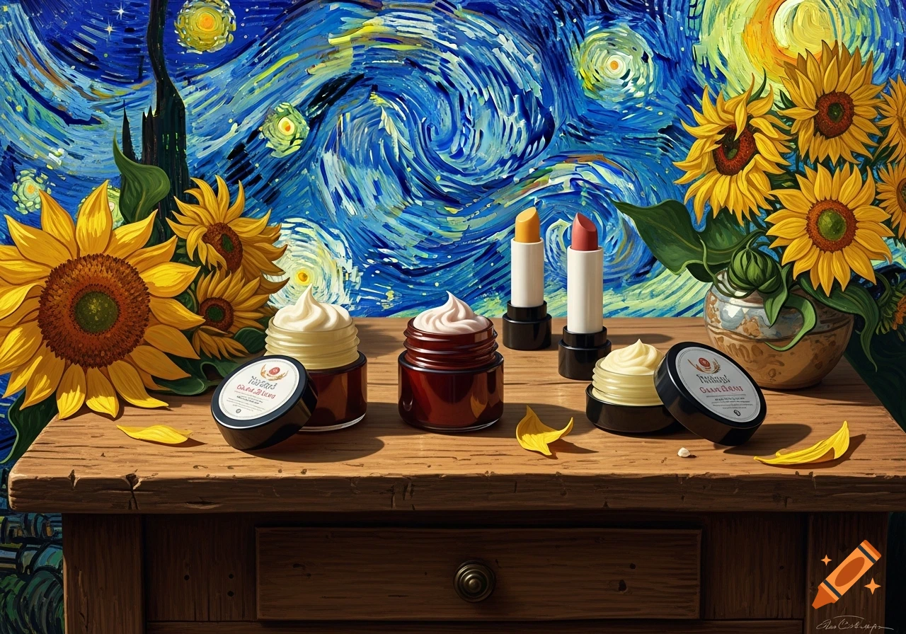 Still life of lip balm, lipsticks, and sunflowers on a wooden table with a vibrant Van Gogh-style "Starry Night" background.
