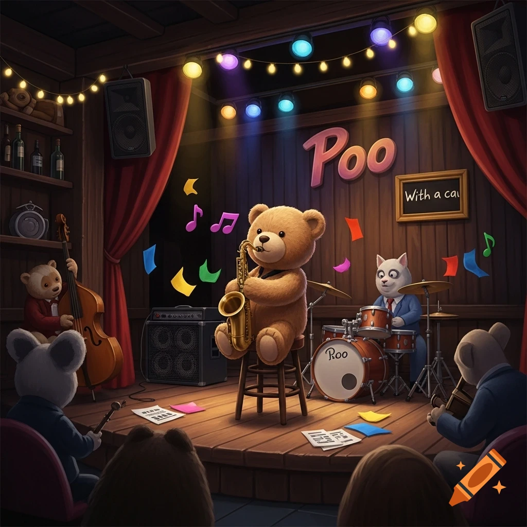A cute anthropomorphic teddy bear plays saxophone on stage with a cat drummer and a bear bassist, performing for a bear audience.