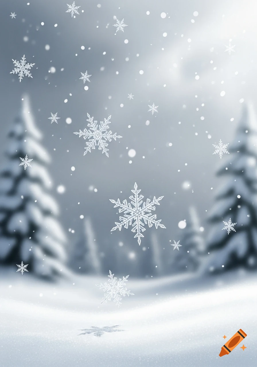 Detailed snowflakes falling against a blurred background of a snowy forest.