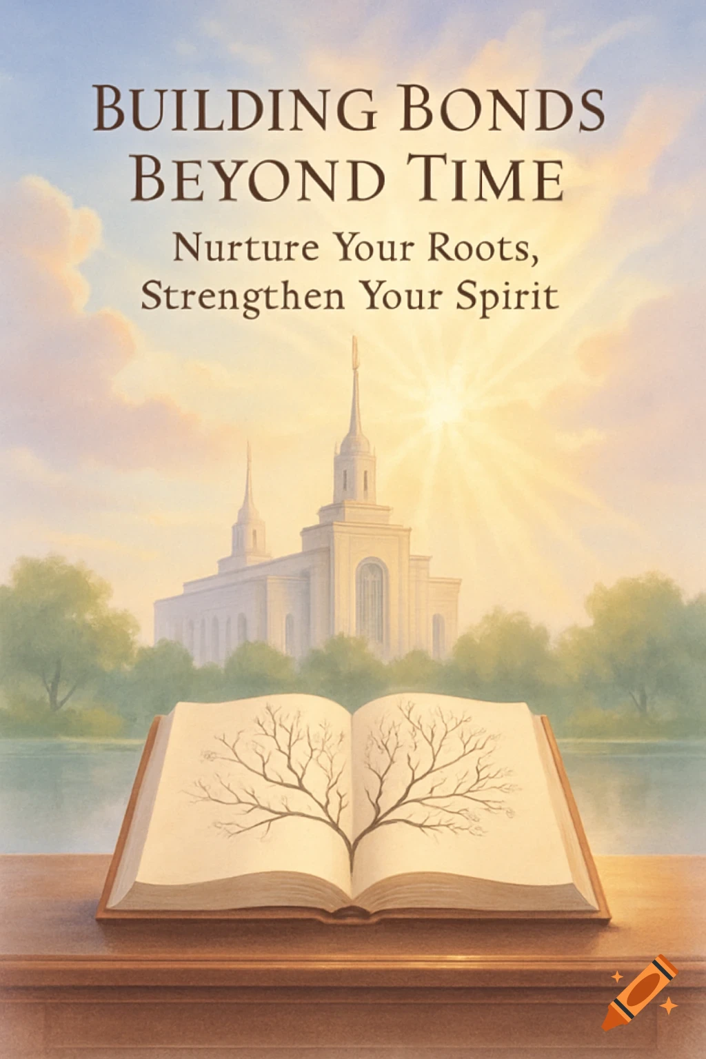 A bright motivational poster featuring a temple, lake, and trees in the background, behind an open book showing a tree diagram. Text reads "Building Bonds Beyond Time" and "Nurture Your Roots, Strengthen Your Spirit".