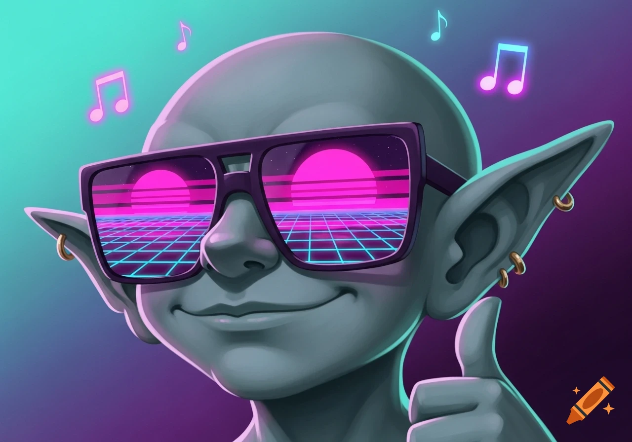 A stylized goblin with pointy ears wearing retro sunglasses reflecting a vaporwave grid, giving a thumbs up.