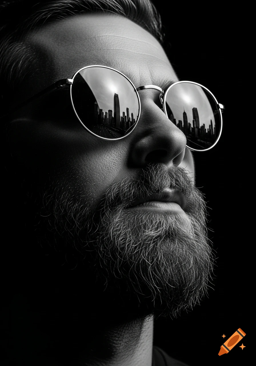 Close-up, high-contrast black and white portrait of a bearded man wearing reflective sunglasses that show a city skyline.