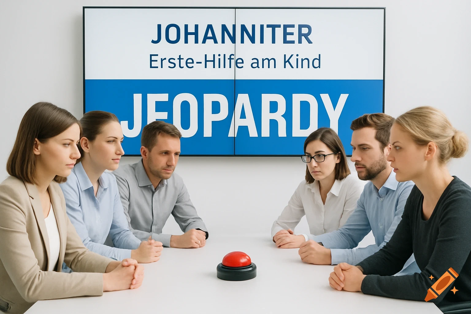 Six people sit around a table with a red buzzer, watching a large screen displaying "JOHANNITER", "Erste-Hilfe am Kind", and "JEOPARDY".