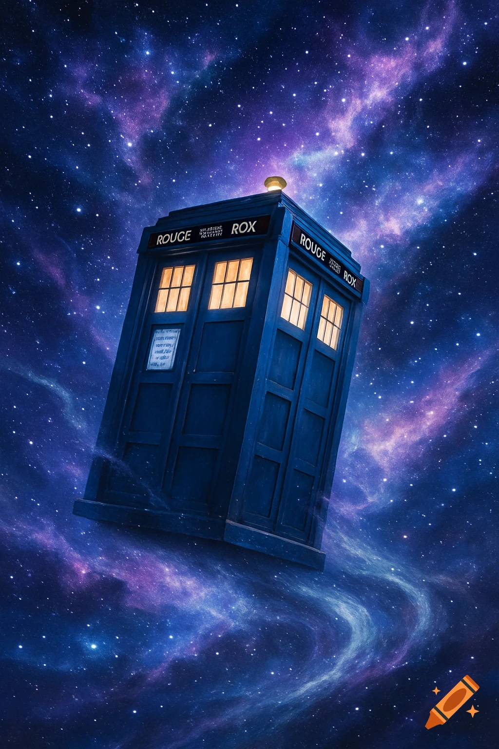 A blue police phone box, resembling the TARDIS, floats diagonally amidst a vibrant galaxy of blue and purple nebulas and countless stars.
