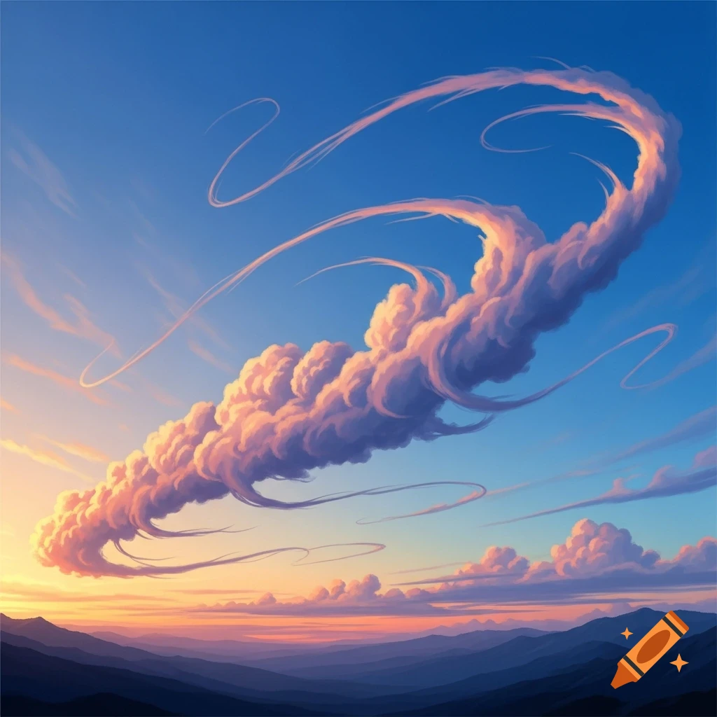 A vibrant, stylized sunset sky features a long, swirling, stretched cloud formation above a range of distant mountains.