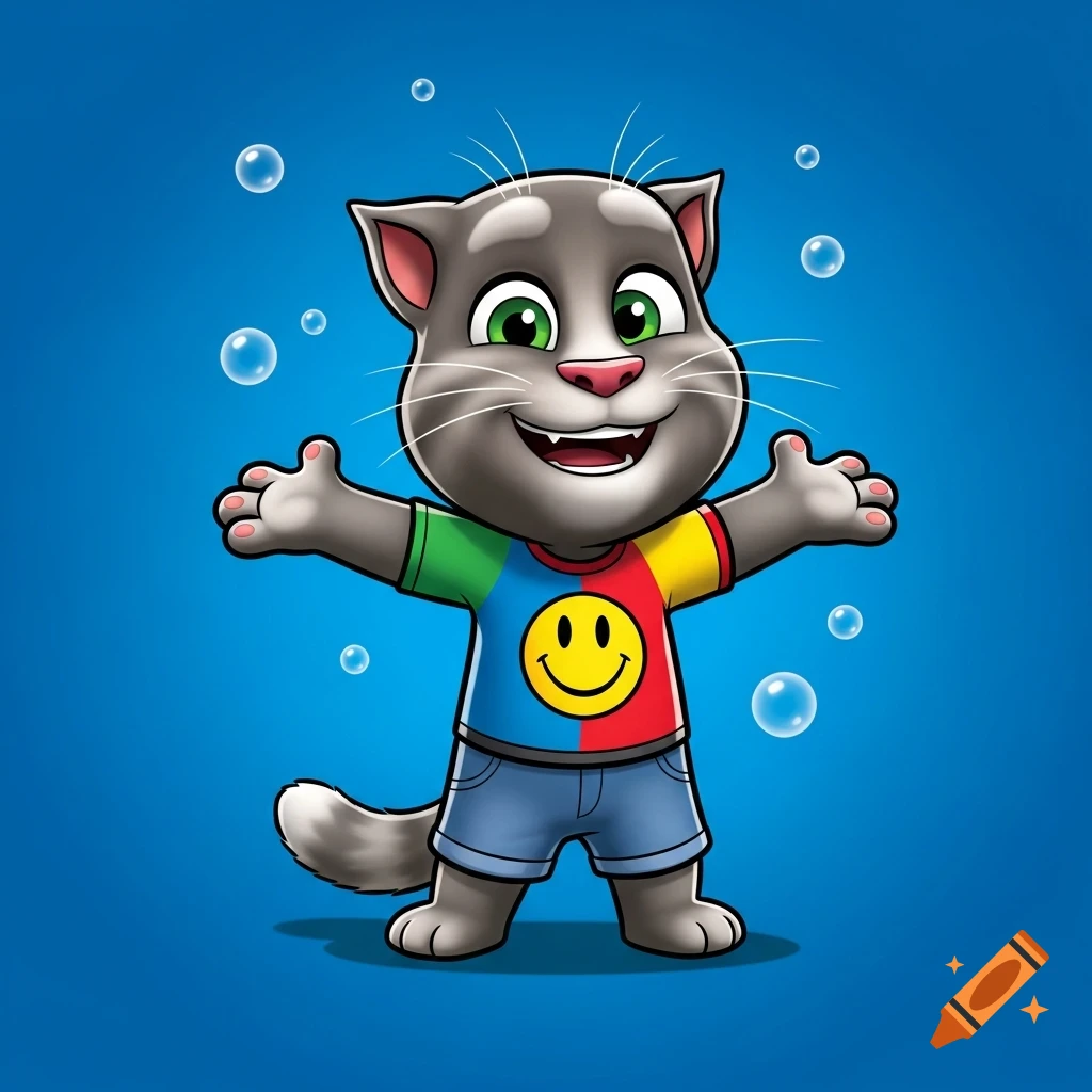 A cartoon gray cat, Talking Tom, smiles with open arms, wearing a colorful shirt with a yellow smiley face, blue shorts, against a blue background with bubbles.