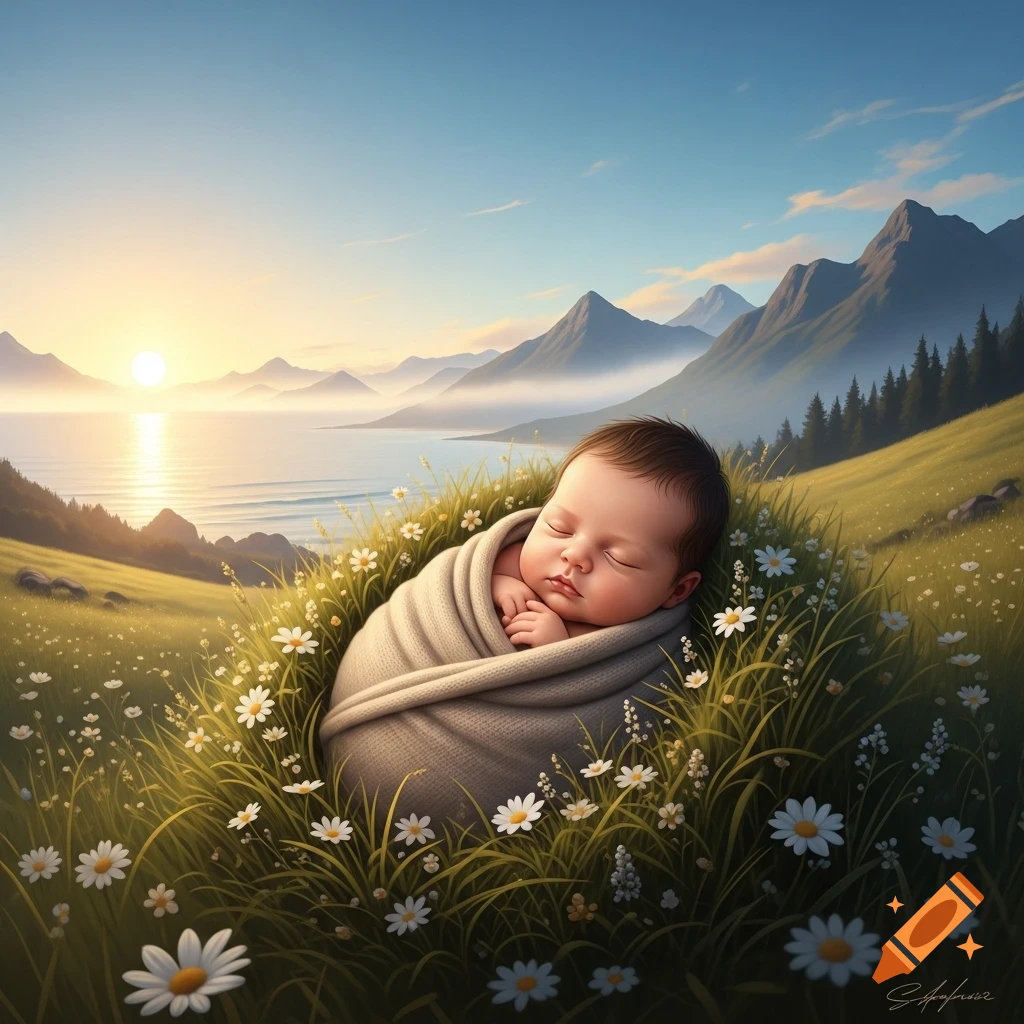Photorealistic newborn baby wrapped in a blanket, sleeping in a daisy-filled meadow with mountains and an ocean at sunrise.