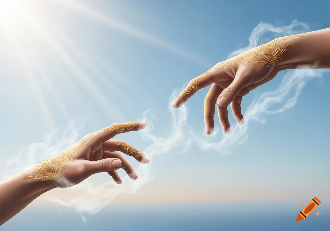 Two hands with golden patterns reach toward each other in a blue sky with sun rays above a calm ocean, spiritual art style.