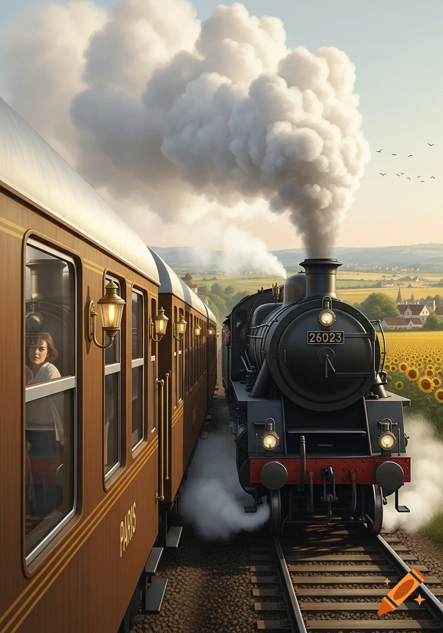 Two vintage trains, a brown passenger car and a black steam locomotive, on parallel tracks in a sunny rural landscape with sunflowers.