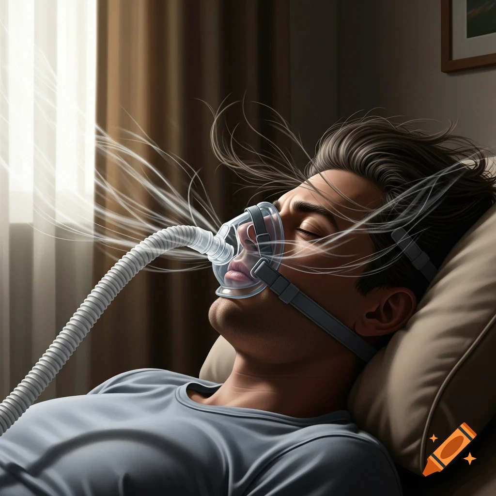 A man sleeps with closed eyes, wearing a CPAP mask, as air blows around his face and hair in a room.