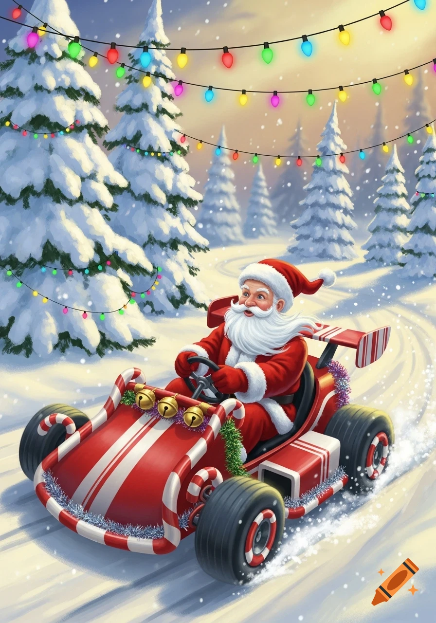 Santa Claus driving a candy cane themed go-kart in a snowy winter wonderland with Christmas lights.