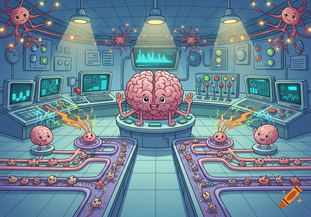 A cartoon control center with a large smiling brain at the helm, managing smaller brains and neurons on conveyor belts, surrounded by monitors and buttons.