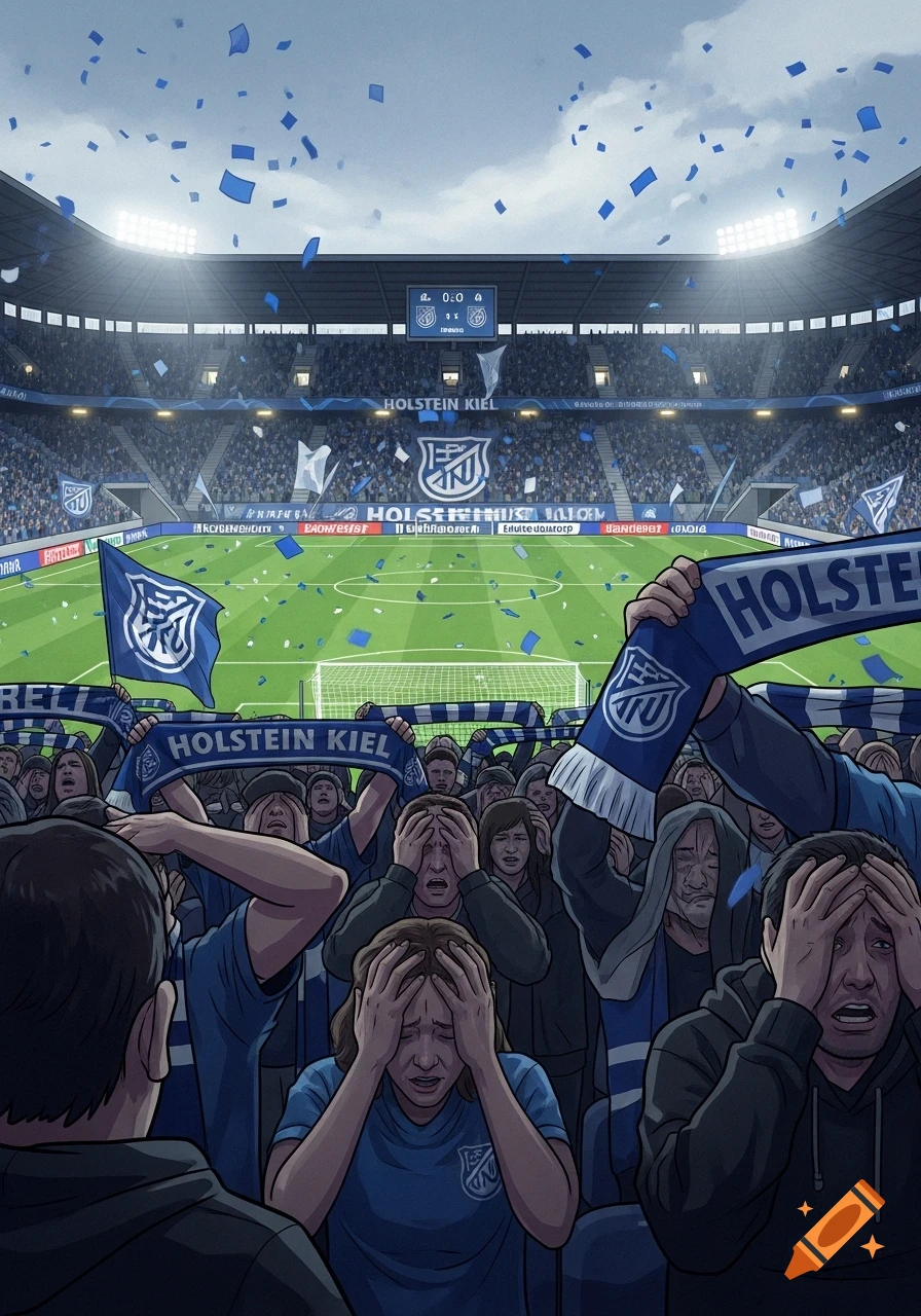 An illustration of disappointed football fans in a stadium, holding their heads in despair as blue confetti falls. Banners read 'Holstein Kiel'.