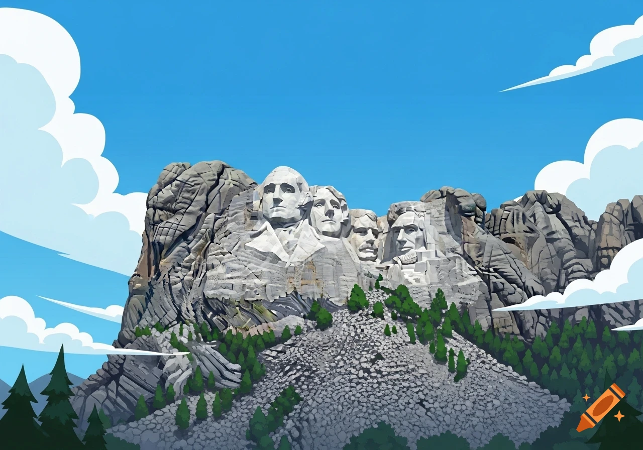 A cartoon animation of Mount Rushmore, featuring the four presidential faces carved into the mountain with a blue sky and green trees.