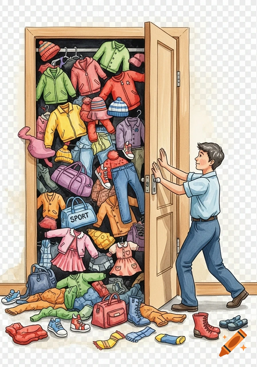 A man in a watercolor illustration tries to close an overflowing wardrobe filled with colorful children's clothes, shoes, and bags.
