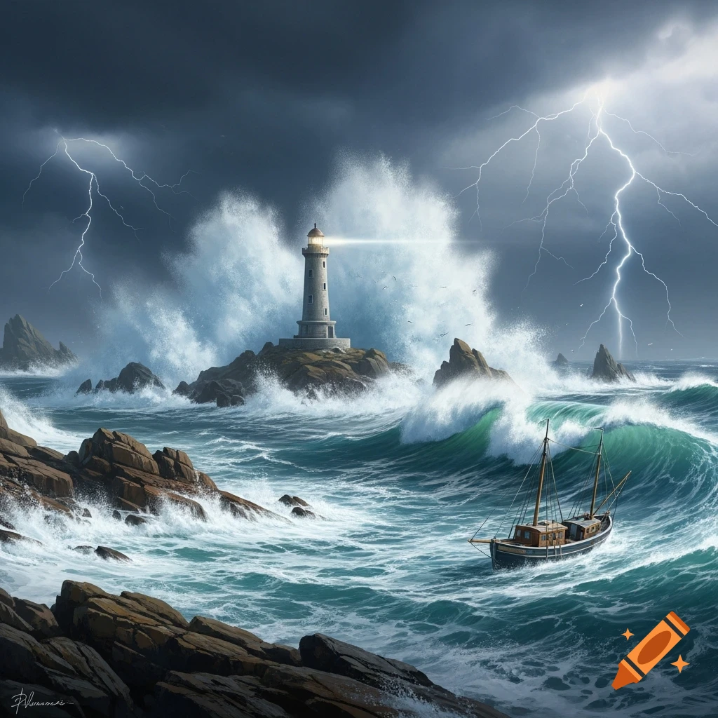 A dramatic stormy sea scene with a lighthouse on a rocky island, a boat on rough waves, and lightning in a dark sky.