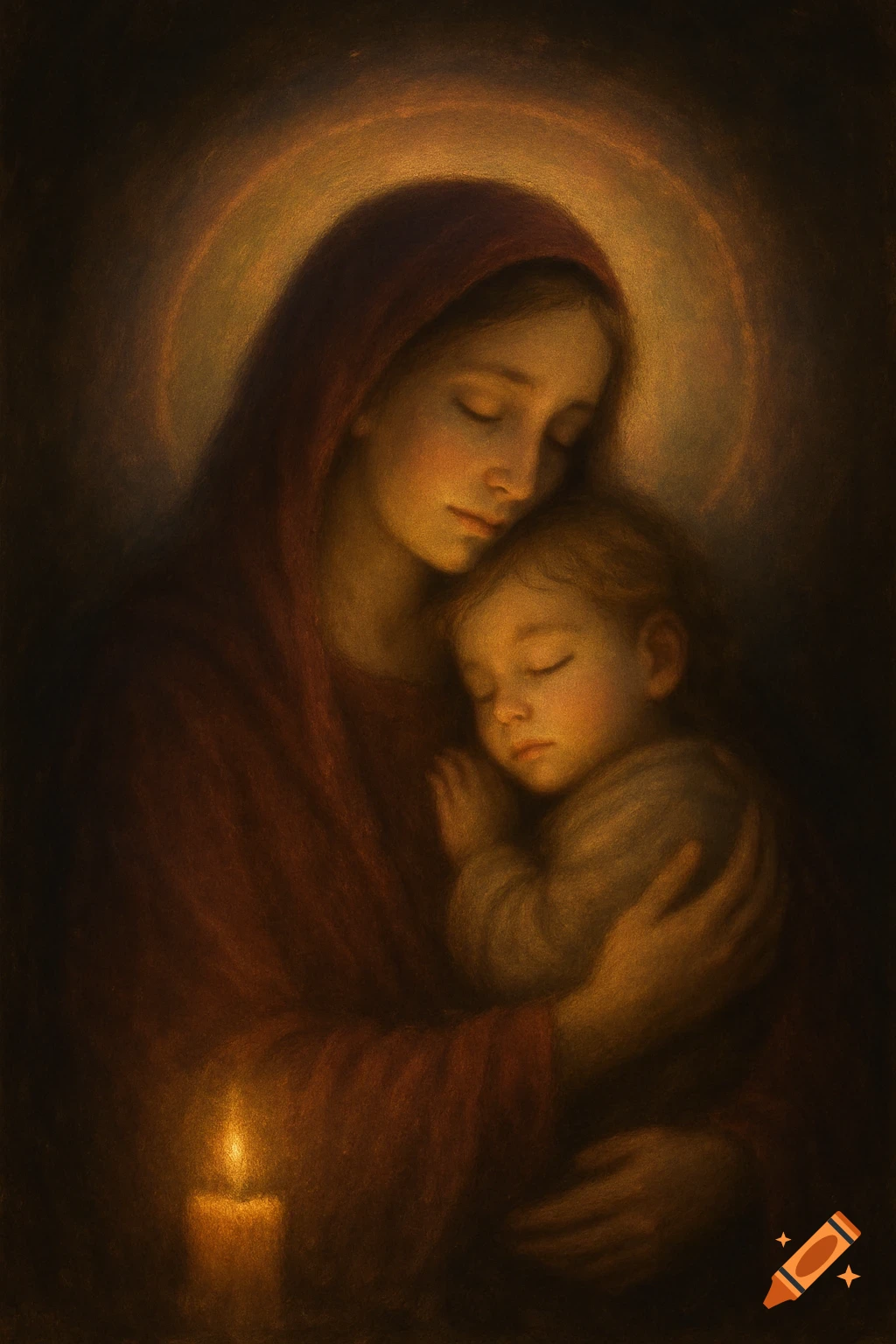 A tender painting depicting a mother in a red hood embracing a sleeping child, illuminated by a candle and a golden halo.