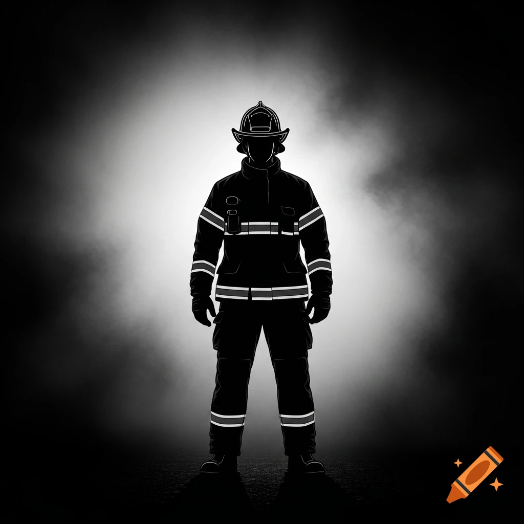 A black and white silhouette of a firefighter in full gear, standing against a smoky, dark background.