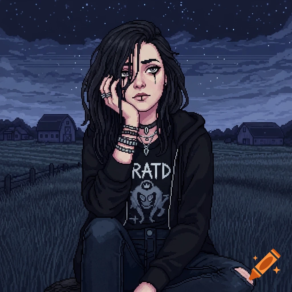 Pixel art of a thoughtful goth woman with dark messy hair and smudged eyeliner, wearing a black hoodie, sitting in a moonlit farm field.