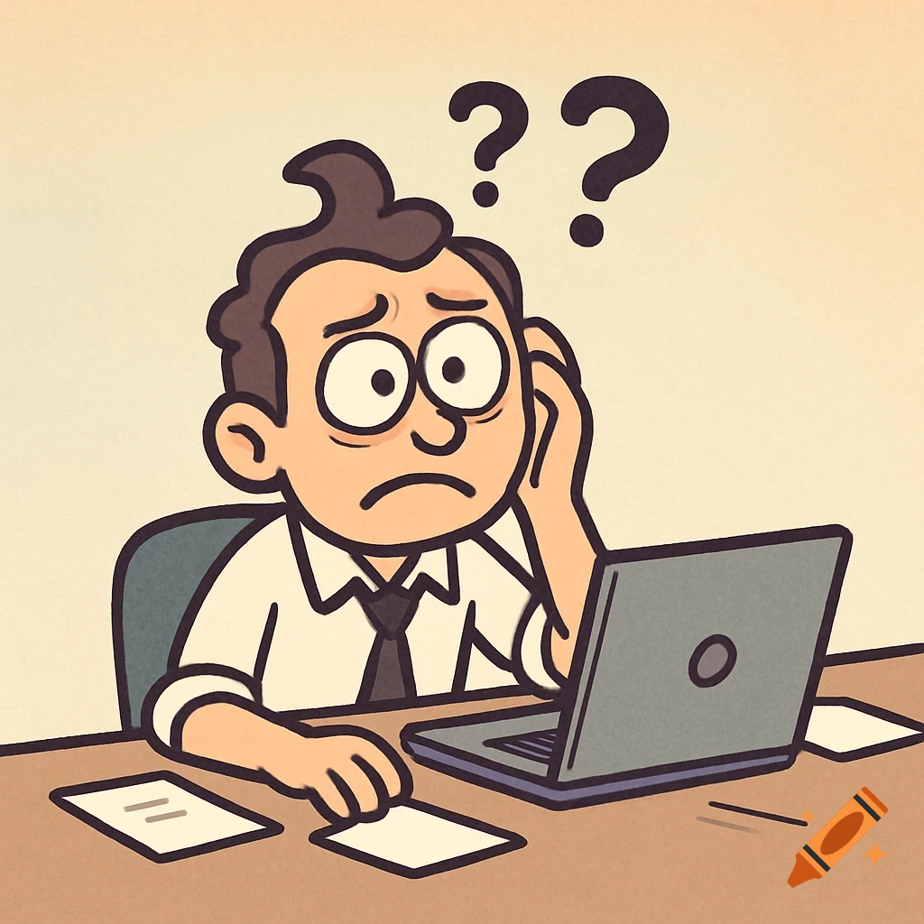 A cartoon man with a confused expression sits at a desk with a laptop and papers, with two question marks above his head.
