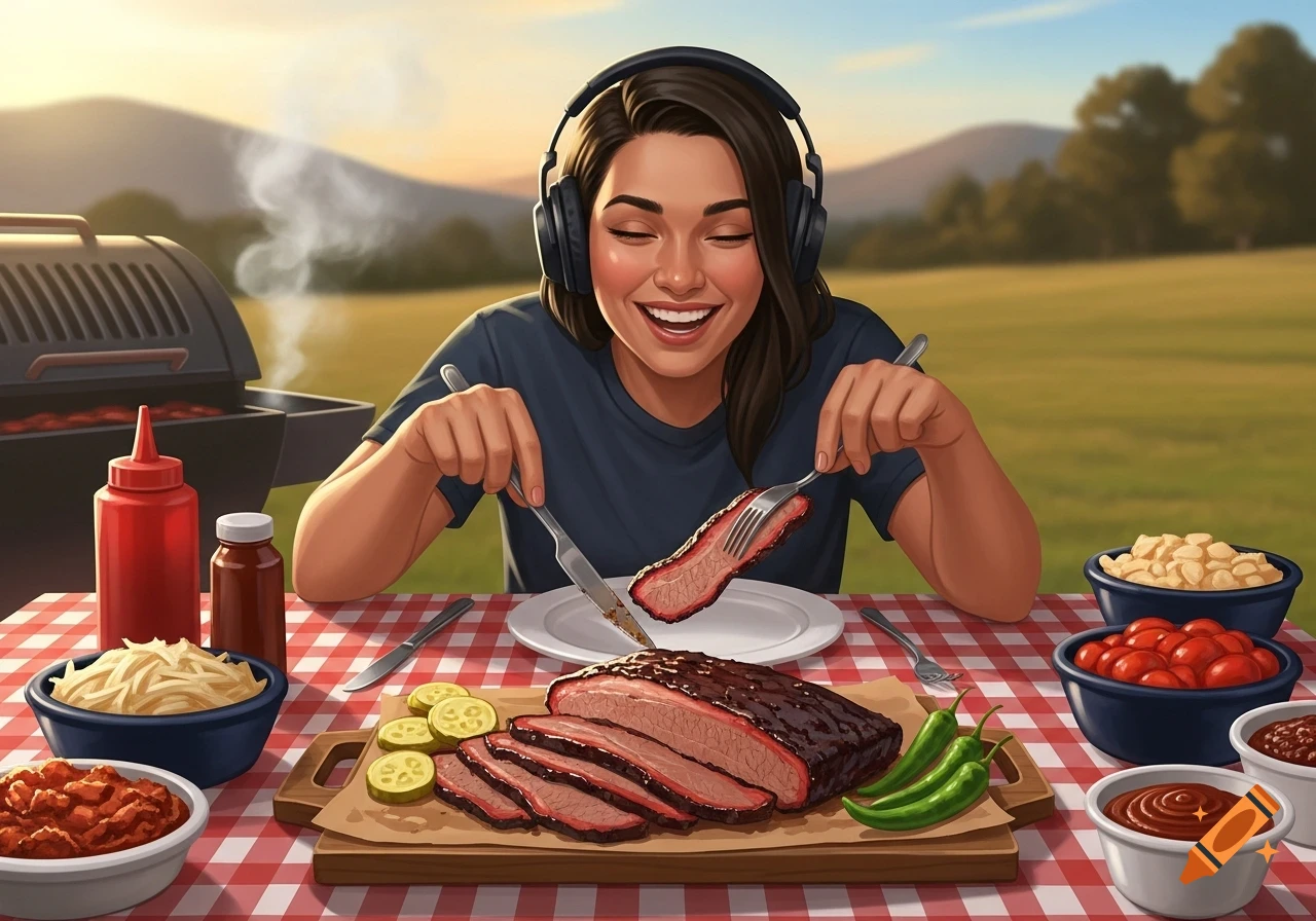 A smiling woman with headphones happily cuts into a slice of brisket at an outdoor picnic table laden with food like baked beans, mac and cheese, and sauces, with a grill in the background.
