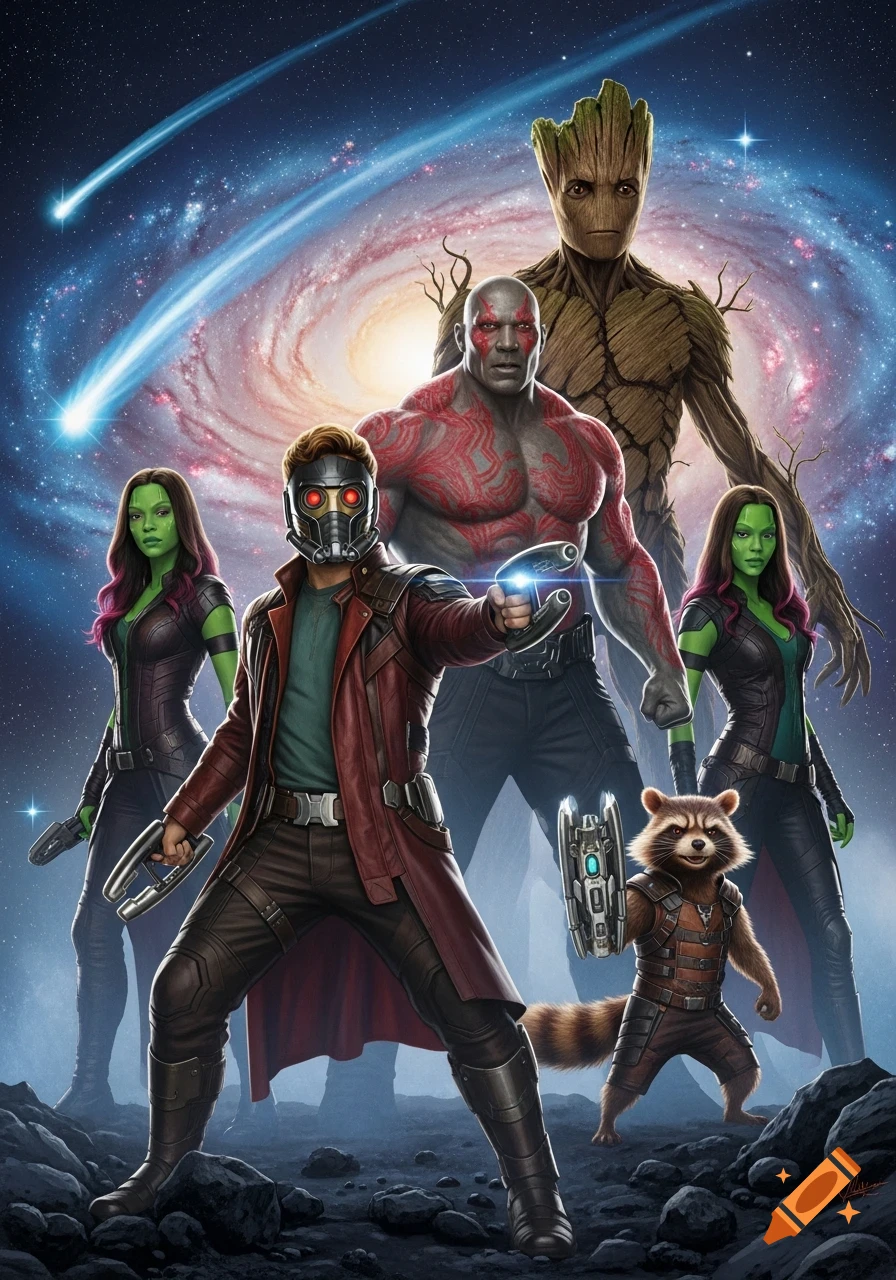 The Guardians of the Galaxy: Star-Lord, Gamora, Drax, Groot, and Rocket Raccoon pose on a rocky planet under a swirling galaxy.