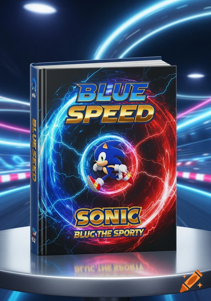 A book titled "Blue Speed" featuring Sonic the Hedgehog on the cover, against a blue and red lightning background, on a metal pedestal.