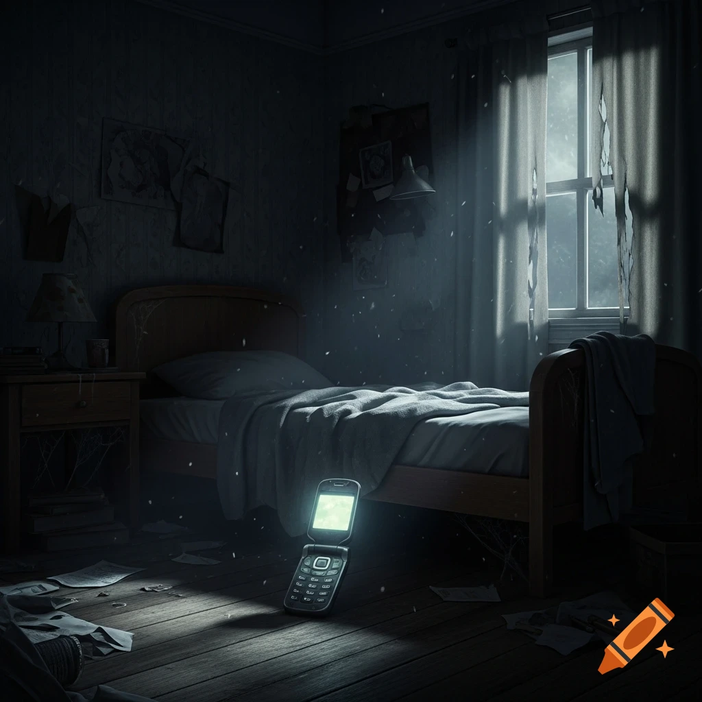 A dark, eerie bedroom with moonlight streaming through a broken window, illuminating dust particles and a glowing flip phone on the wooden floor.