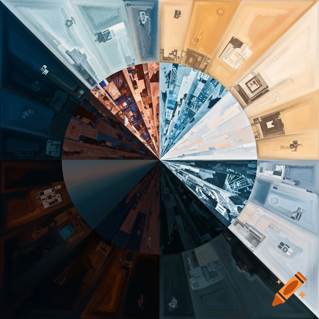 A circular, radial abstract artwork composed of fragmented architectural and urban views in shades of blue, orange, brown, and dark tones.