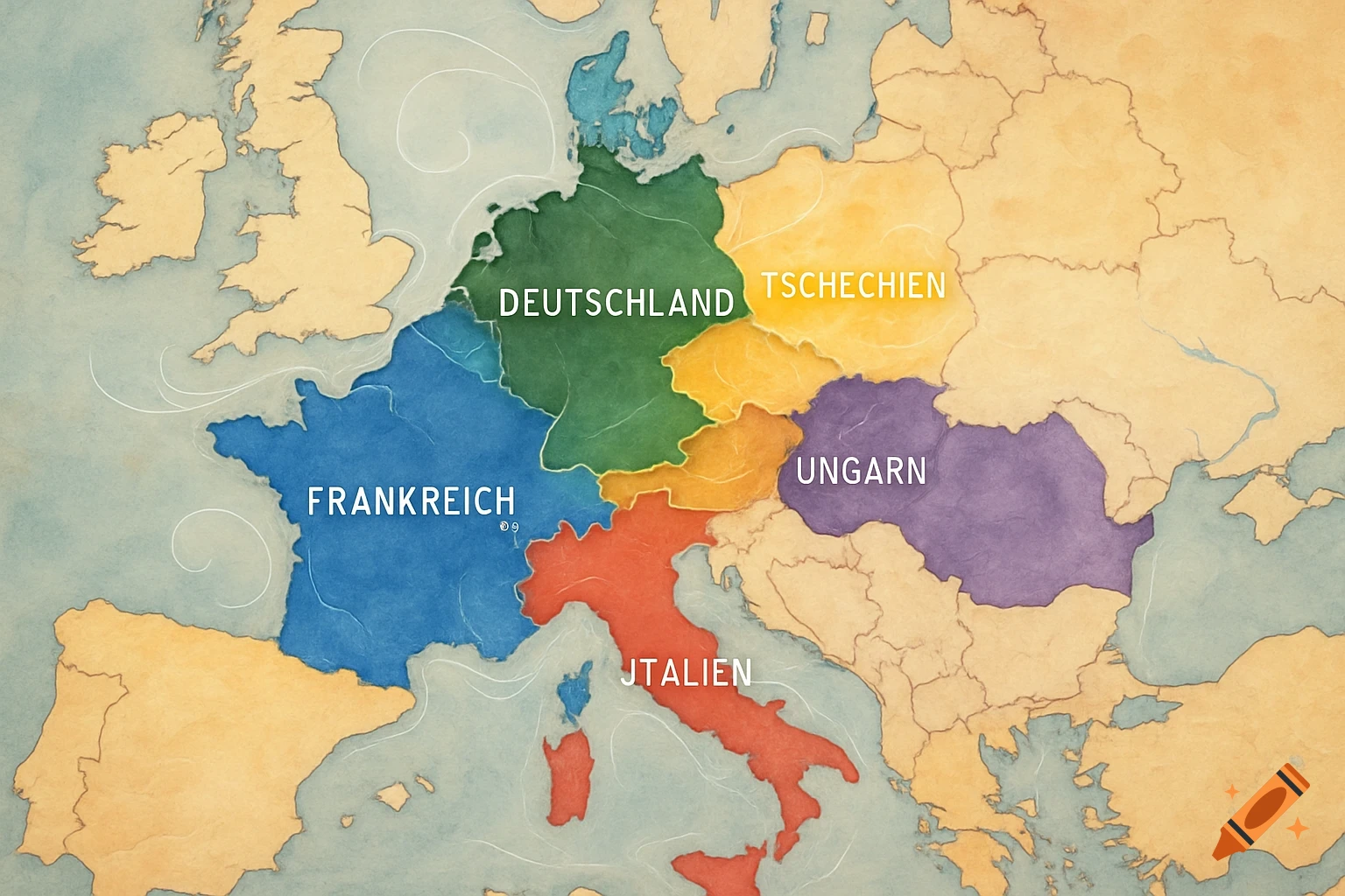 Watercolor map of Europe with Germany, France, Italy, Czechia, and Hungary highlighted and labeled.