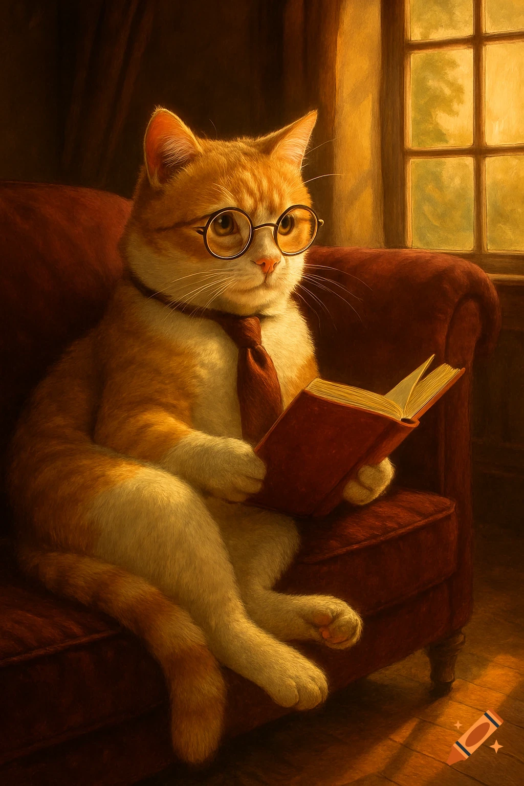 Orange and white cat with glasses and a tie sits on a red armchair, reading a book by a sunlit window.