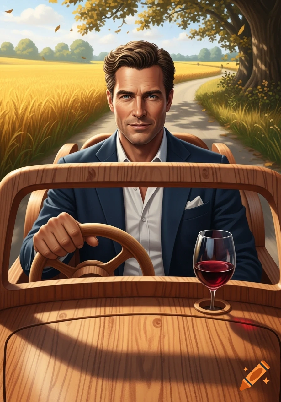 Illustrated man in a suit driving a wooden car with wine through a wheat field on a sunny day.
