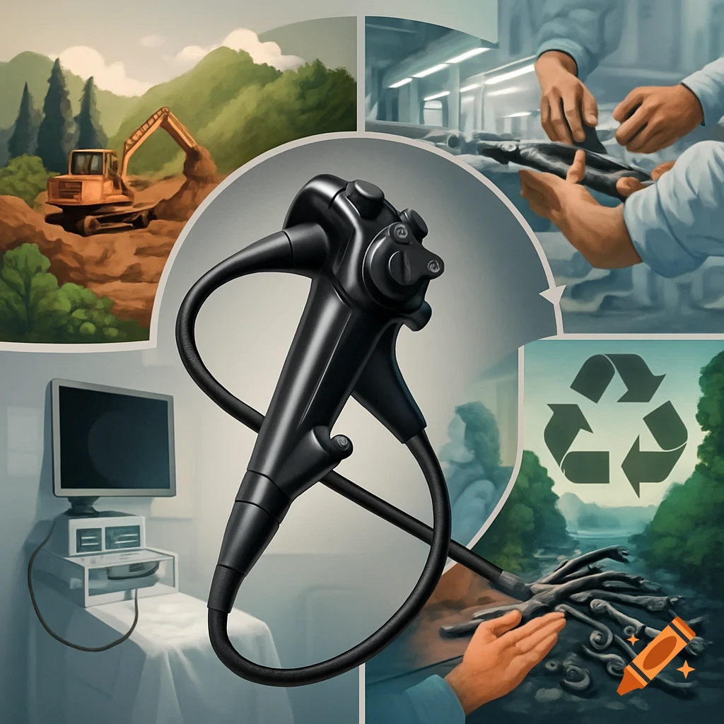 An illustrated collage depicting the life cycle of an endoscope, featuring excavation, manufacturing, medical use, and recycling scenes.