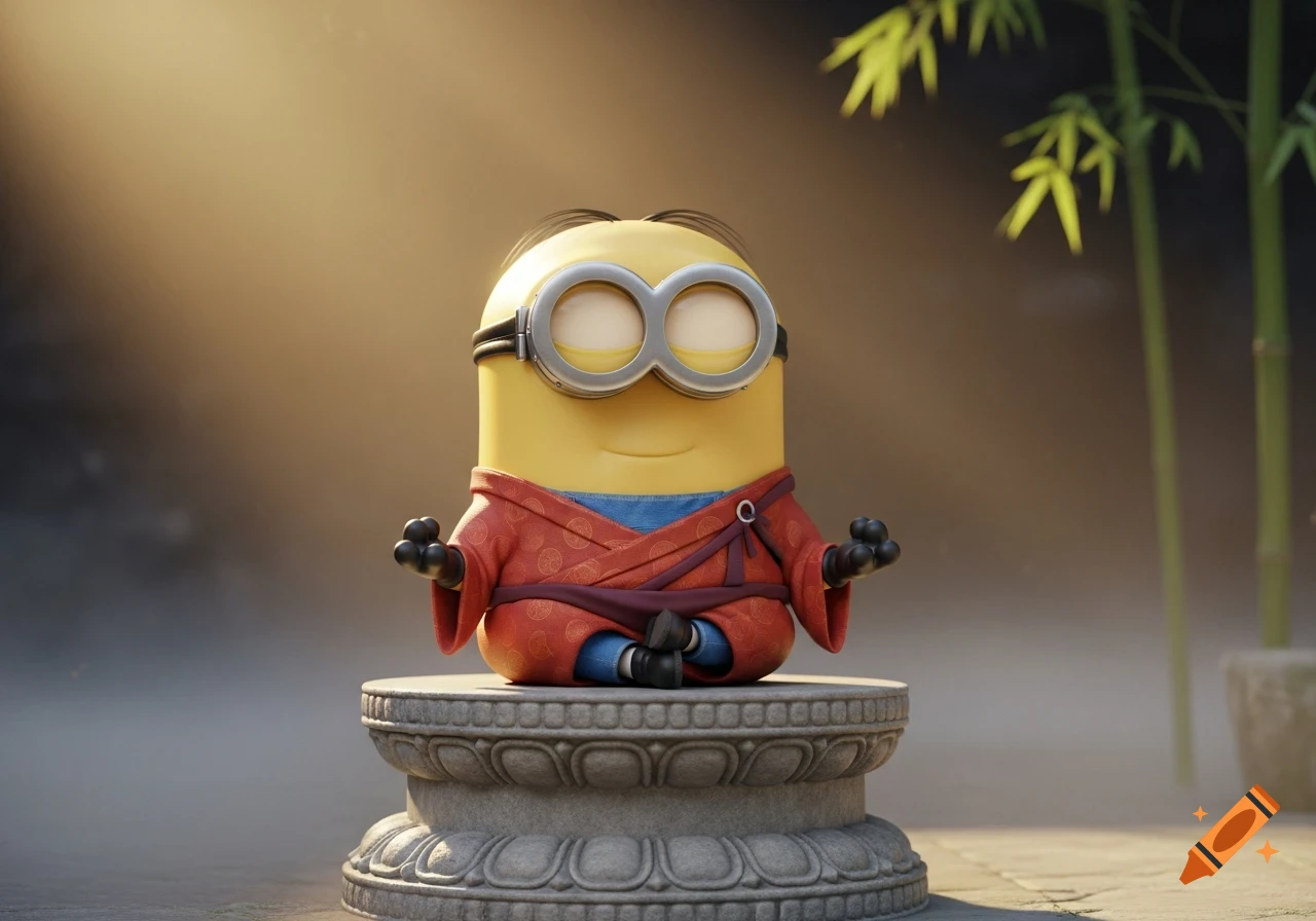 A Minion in a red monk robe meditates on a stone pedestal in a misty temple garden, bathed in golden light, in a Pixar-like 3D render.