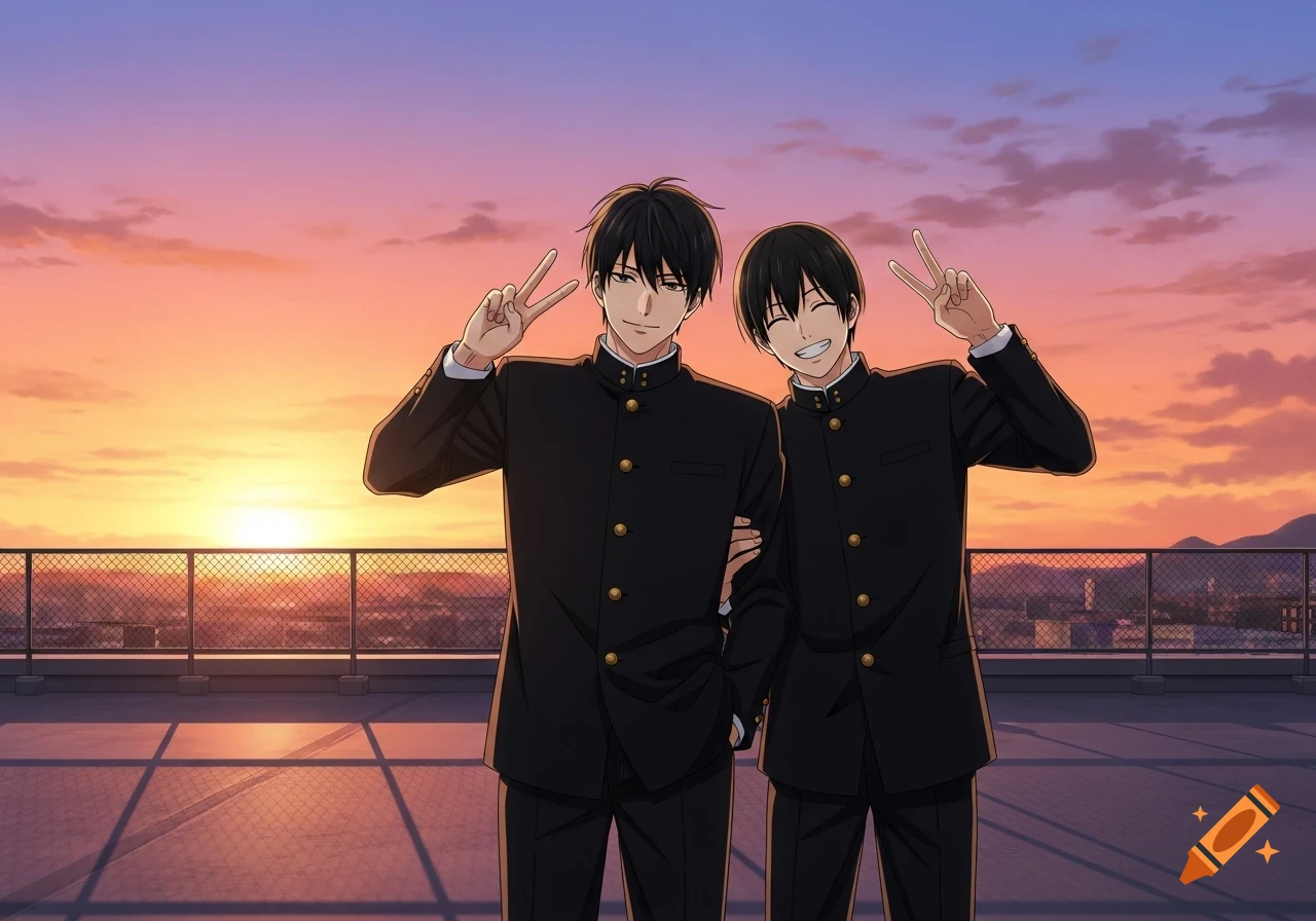 Anime-style illustration of two smiling male high school students in uniforms making peace signs on a school rooftop at sunset.