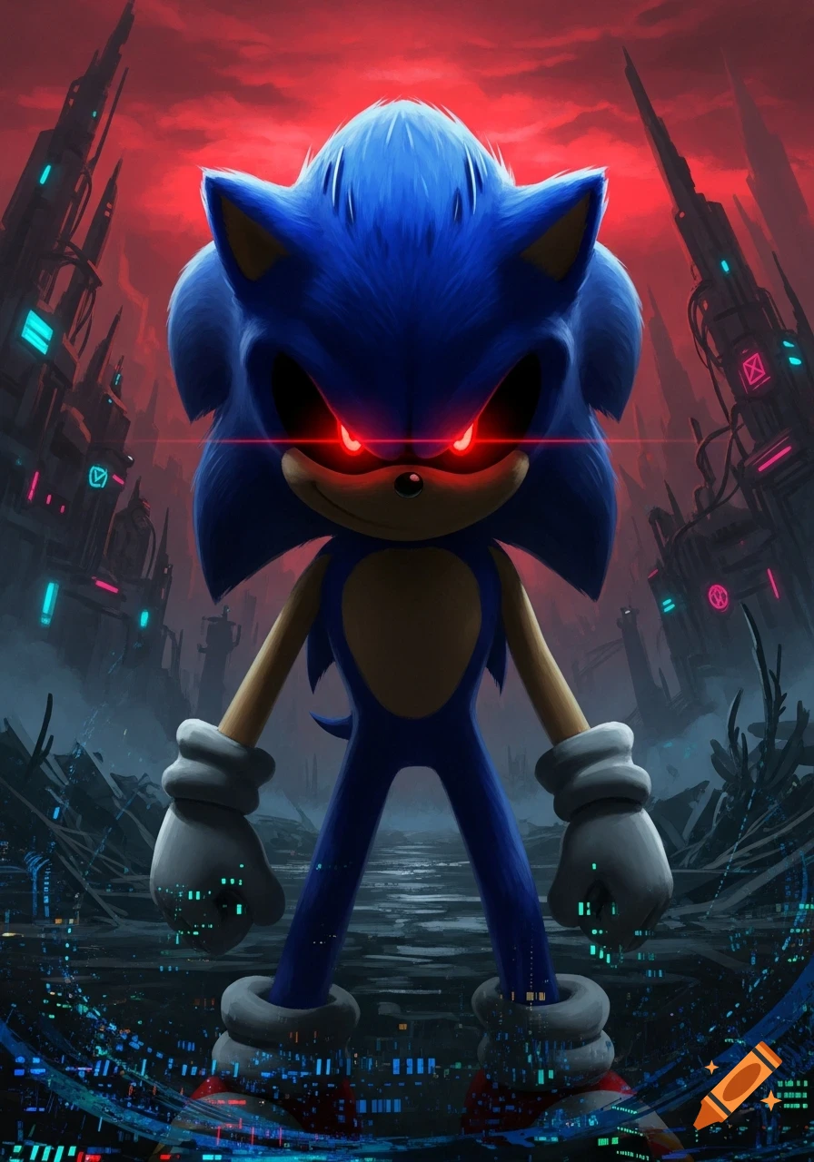 Sonic.exe, a blue hedgehog with glowing red eyes, stands menacingly in a dark, ruined futuristic city under a red sky.