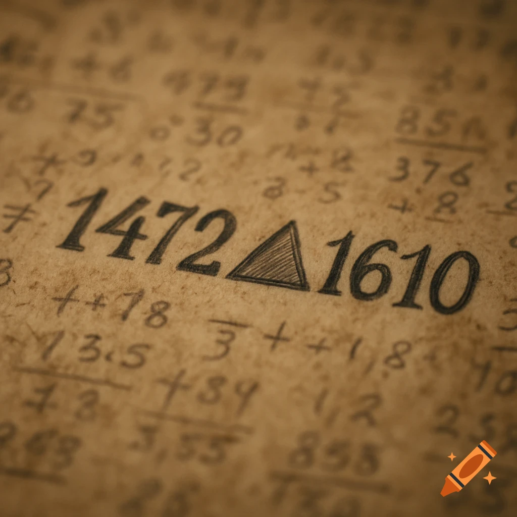 Close-up of old, textured paper with handwritten numbers "1472  1610" and other mathematical equations.