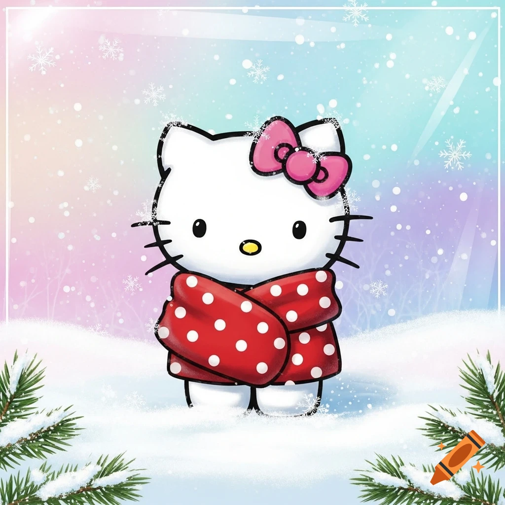 A cartoon Hello Kitty with a pink bow and a red polka-dotted scarf stands in deep snow, with falling snowflakes and snowy pine branches.
