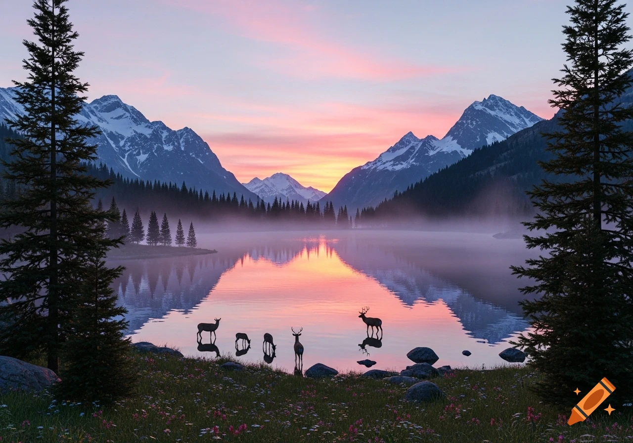 Photorealistic mountain lake at sunrise/sunset, with several deer standing in the water and on the grassy shore, surrounded by pine trees and snow-capped mountains.