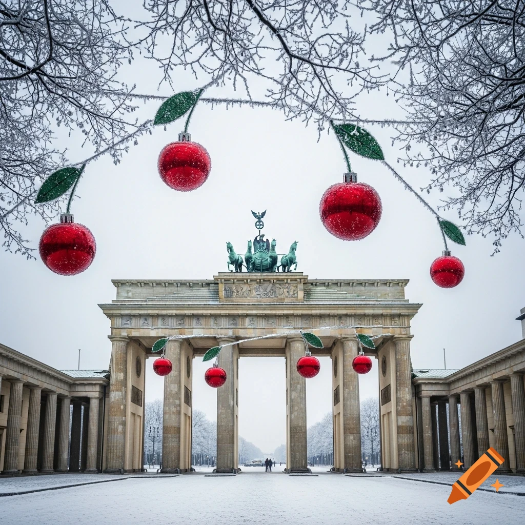 The Brandenburg Gate in Berlin, covered in snow and frost, with red cherry-shaped Christmas baubles hanging from frosted branches.