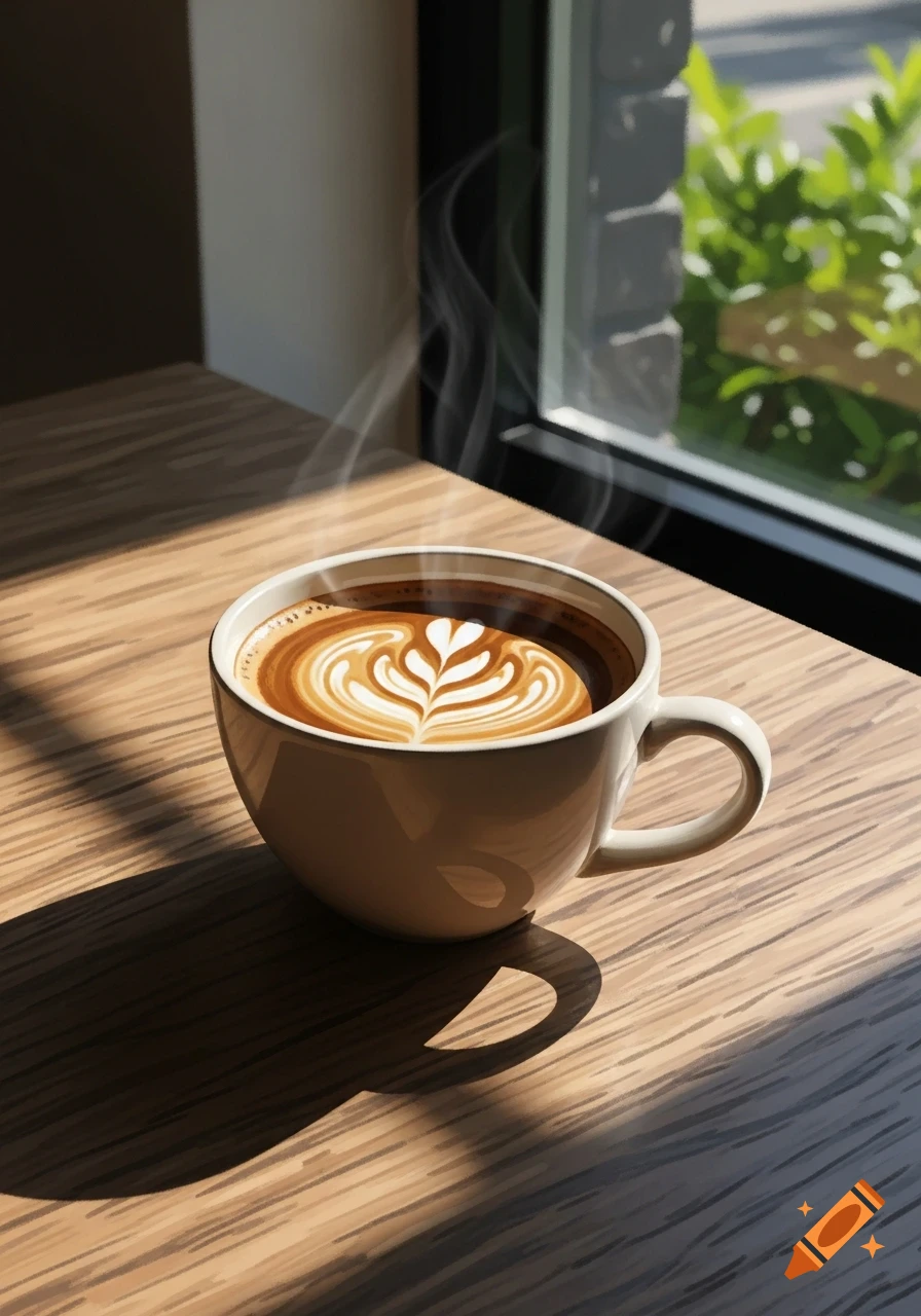 A steaming cup of coffee with intricate latte art sits on a wooden table, illuminated by sunlight streaming through a window.