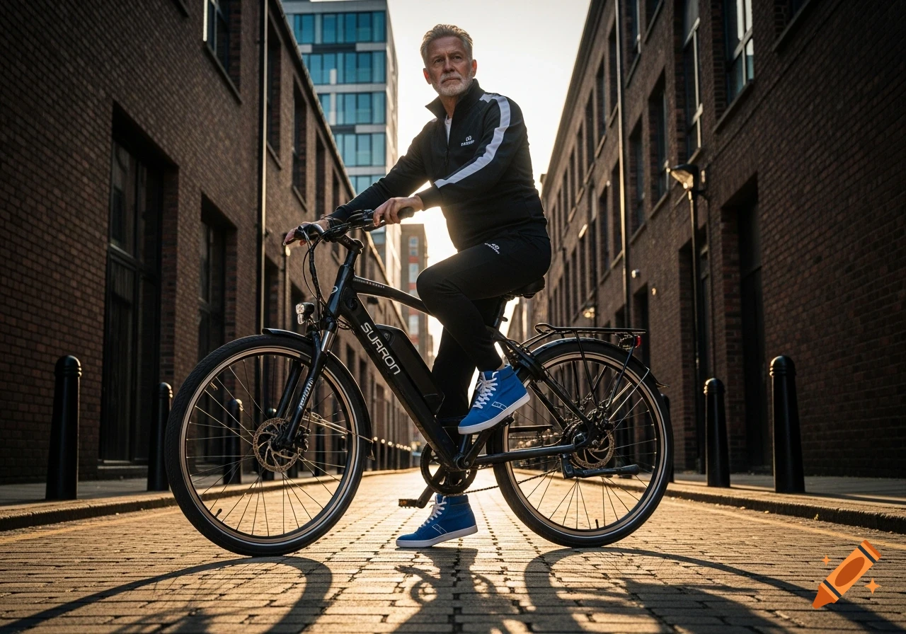 A grey-haired man in a black tracksuit rides a black e-bike down a sunlit city street with brick buildings.
