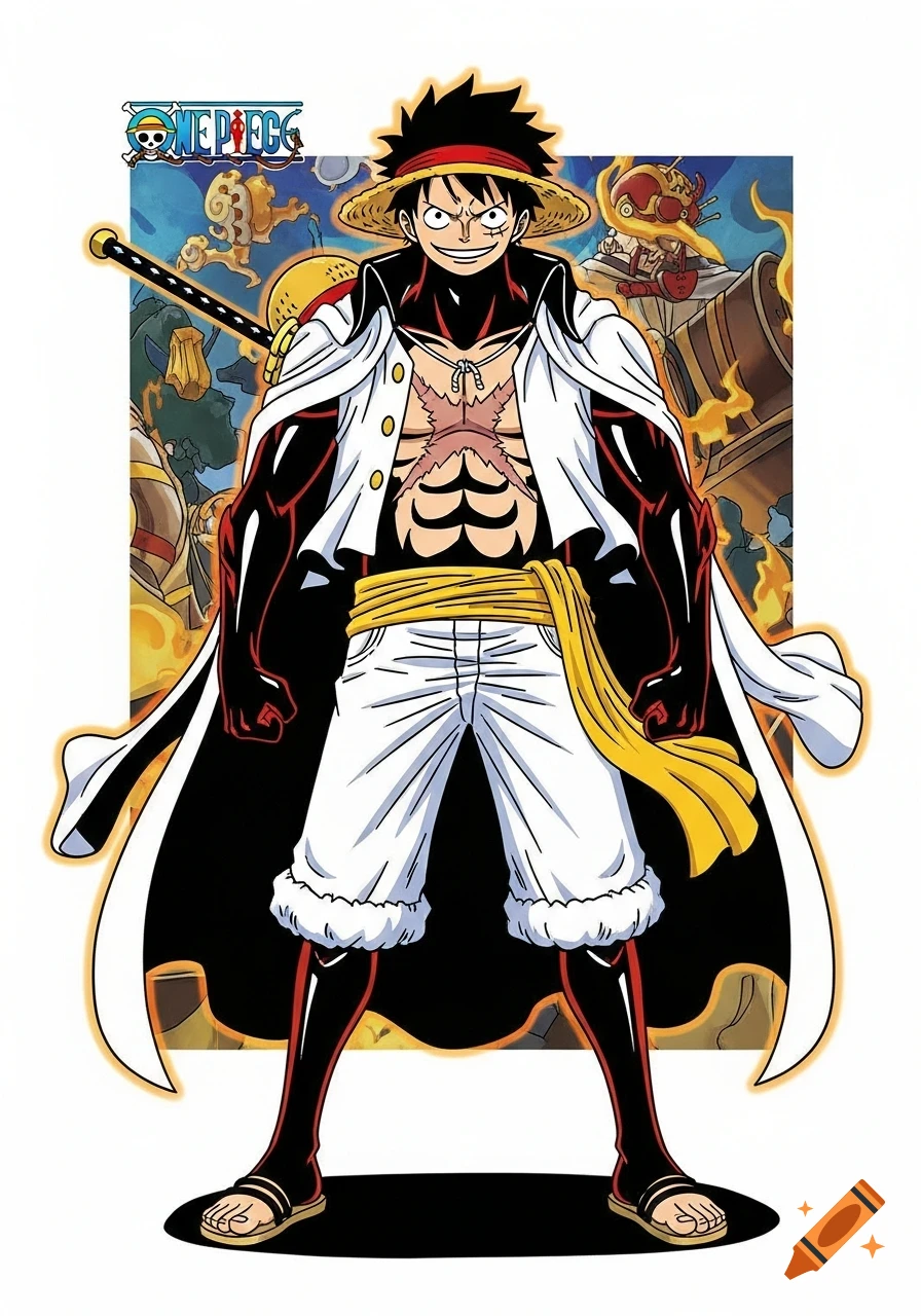 Anime illustration of Gear 5 Luffy from One Piece, standing in a heroic pose, wearing a white cape, black suit, and straw hat.