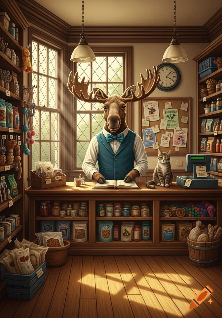 A distinguished moose in a vest and bowtie stands behind a counter in a cozy pet shop, reading a book. A cat sits beside him, and shelves filled with products line the walls.