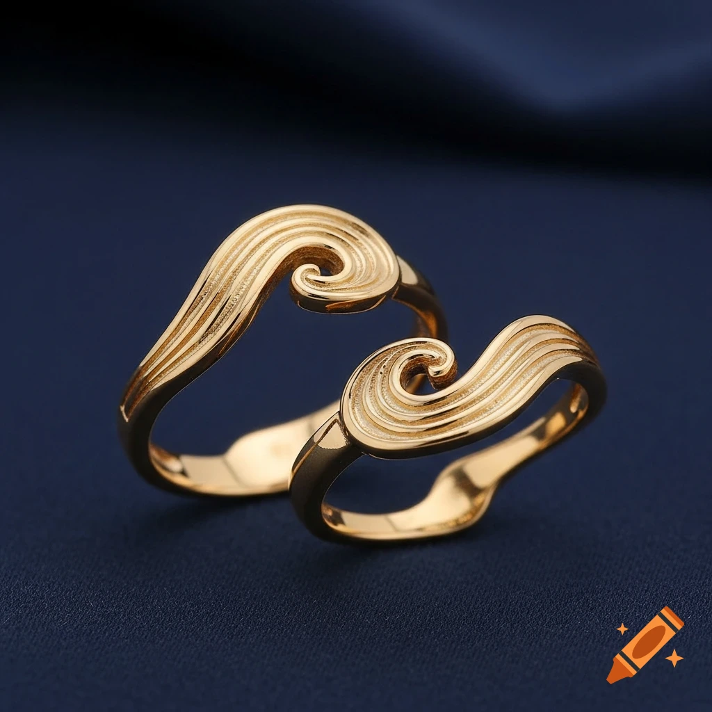 Two shiny gold rings with swirling wave patterns on a dark blue surface.