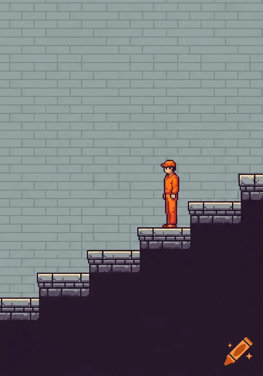 Pixel art character in an orange jumpsuit stands on stone platforms against a grey brick wall.
