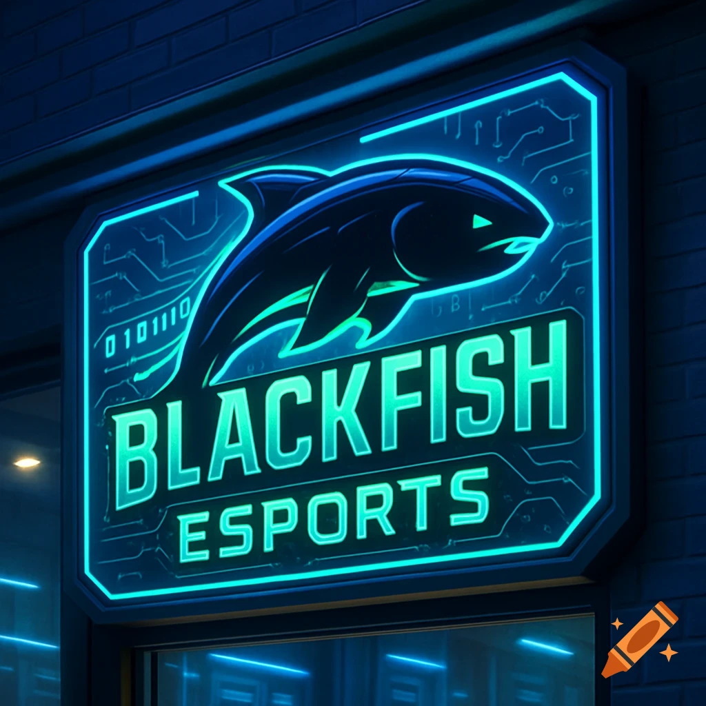 A glowing neon sign for 'BLACKFISH ESPORTS' featuring a stylized black fish logo against a dark brick wall.